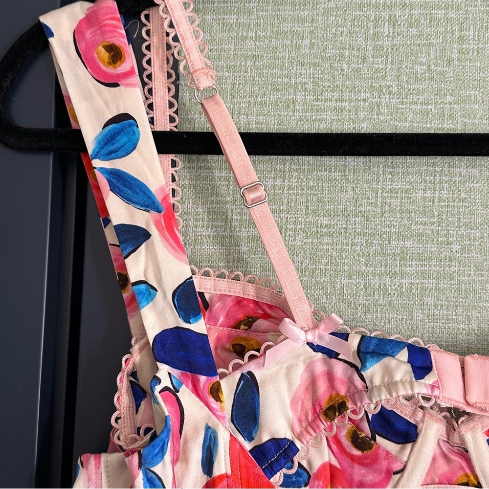 For Love & Lemons Gianna Silky Blue/Pink Floral Mini Dress + Bra, NWT, Size M - Picture 9 of 11